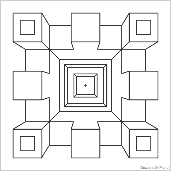 fase n.6: preparazione per lo scavo dei 4 solidi angolari disegno quadrati per realizzare dei successivi scavi sui quattro solidi angolari