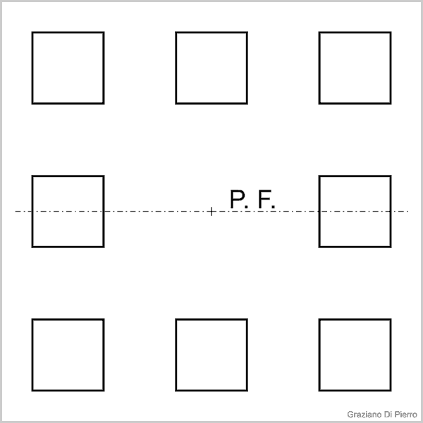 fase n.1: quadrati sul piano parallelo al foglio disegno quadrati sopra, sotto e sulla linea dell'orizzonte (L.O.)