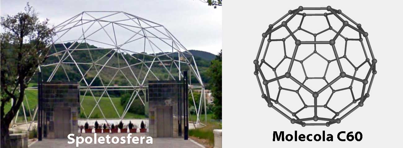 Spoletosfera realizzata a partire da un dodecaedro tronco: la cupola di Fuller riprende la geometria della molecola di carbonio C60