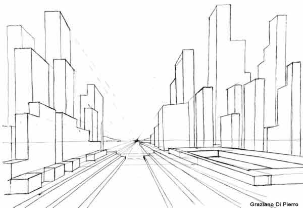 Prospettiva centrale: edifici su una piattaforma a gradoni