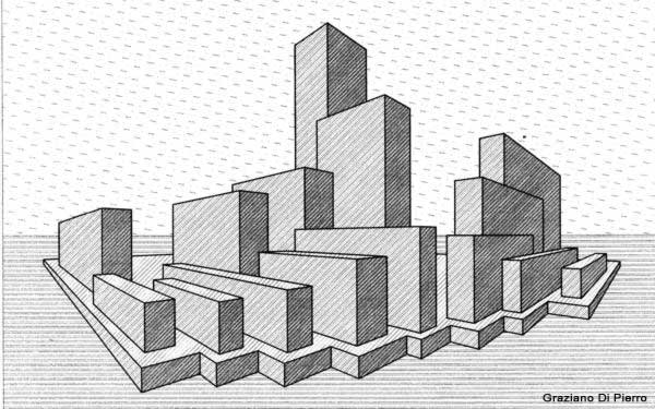 Prospettiva accidentale: disegno realizzato prima a mano e poi al PC con un programma vettoriale