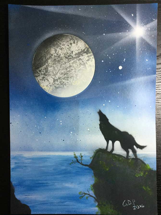 paesaggio con lupo che ulula davanti alla luna
