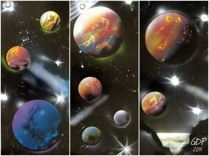 trittico di pianeti realizzati con le bombolette